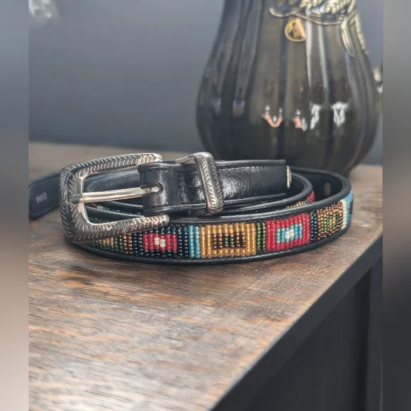 Vintage Brighton Women's Beaded Southwestern Leather Belt XL - Picture 1 of 6